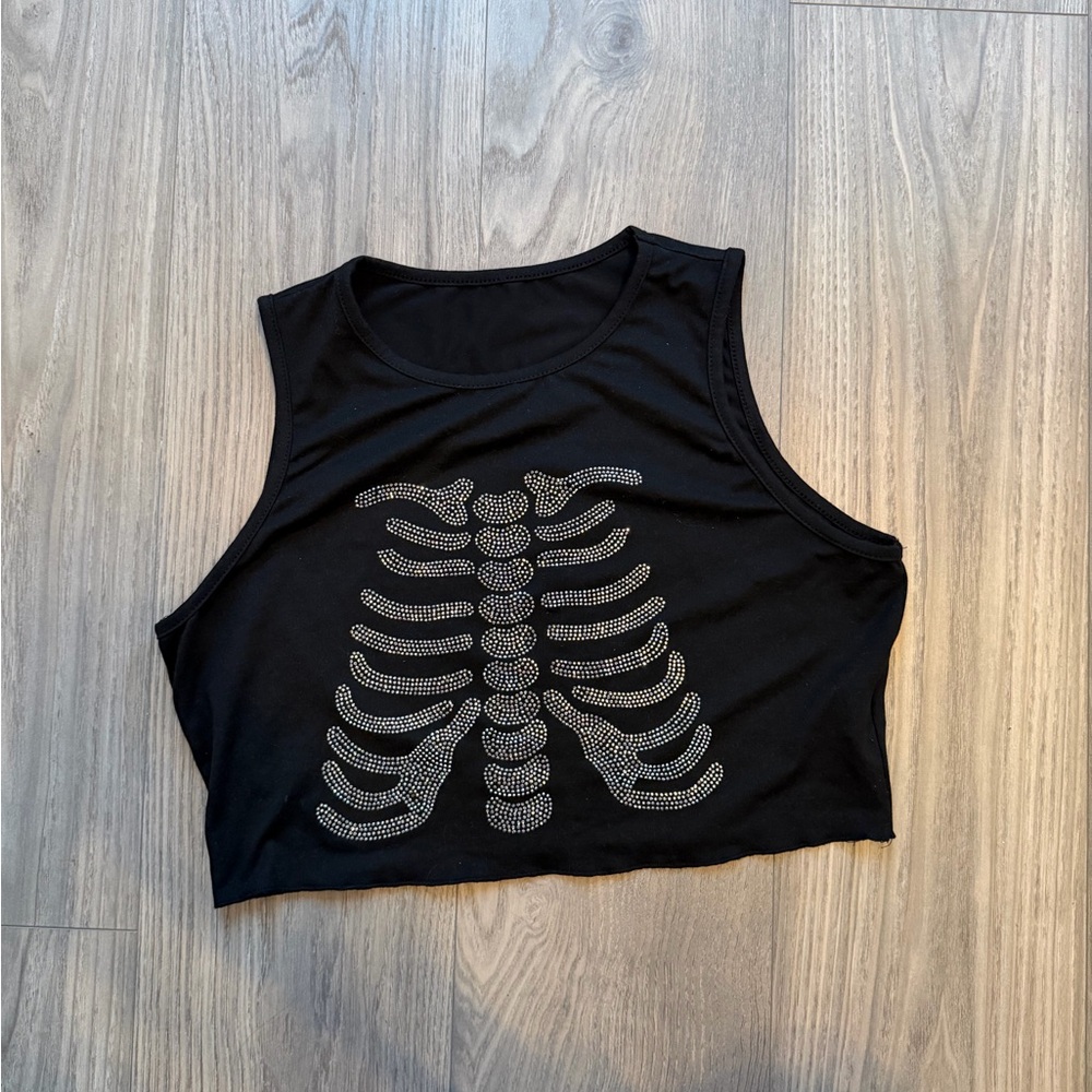 Rhinestone Black Crop Top with Skeleton Design